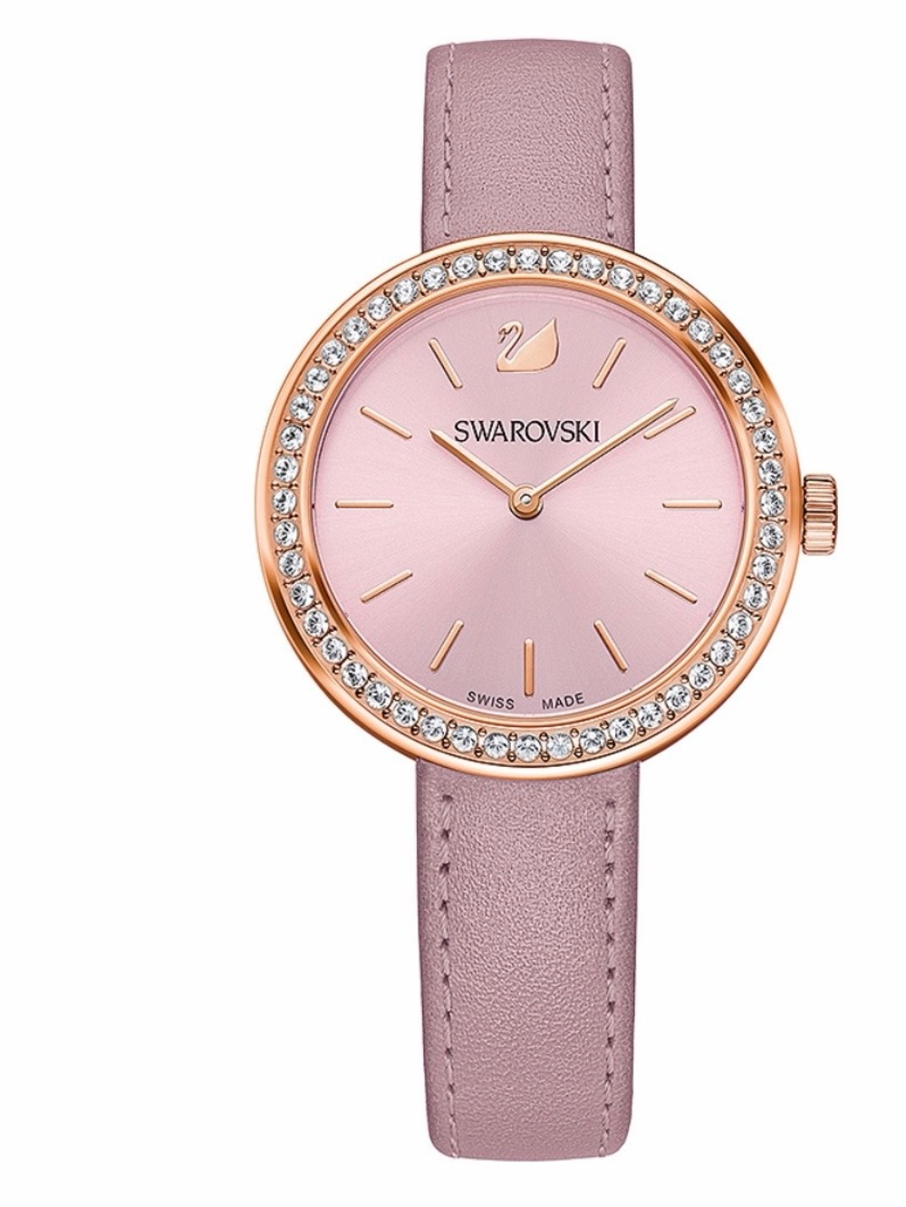Swarovski Rose Gold-Tone Case Pink Dial Leather Strap Watch